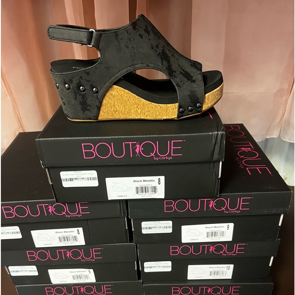 Corky’s Footwear Black Metallic Carley Wedges.  ***Final Price